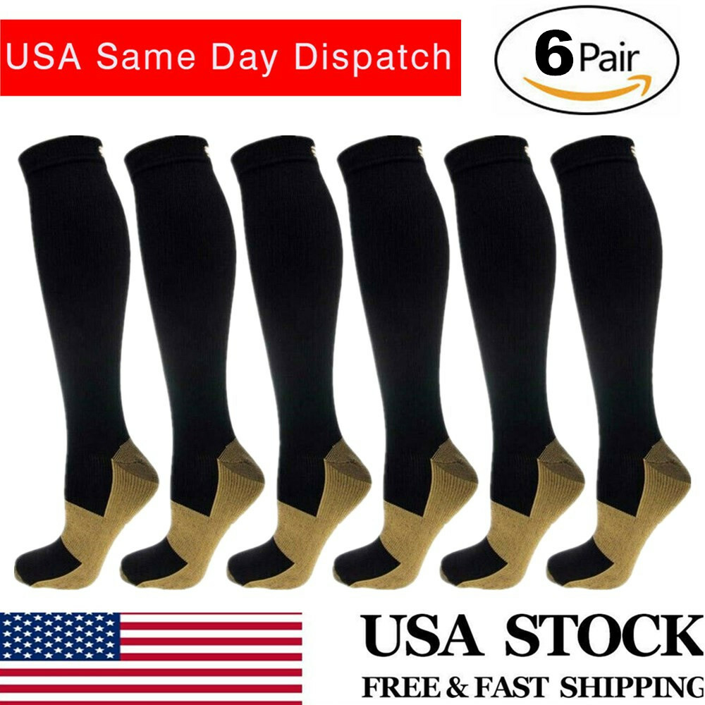 (6 Pairs) Copper Compression Socks Graduated Support 20-30mmH for Mens Womens