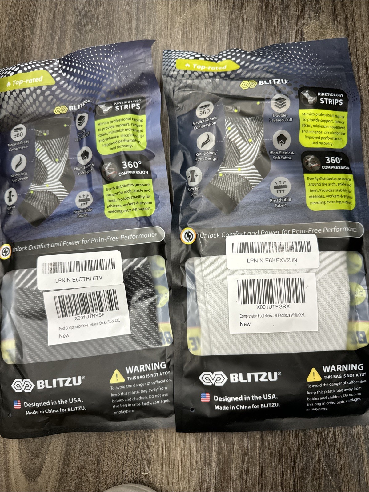 Blitzu Foot Compression Sleeves For Plantar Fasciitis Heel SpursXXL 2grey2white