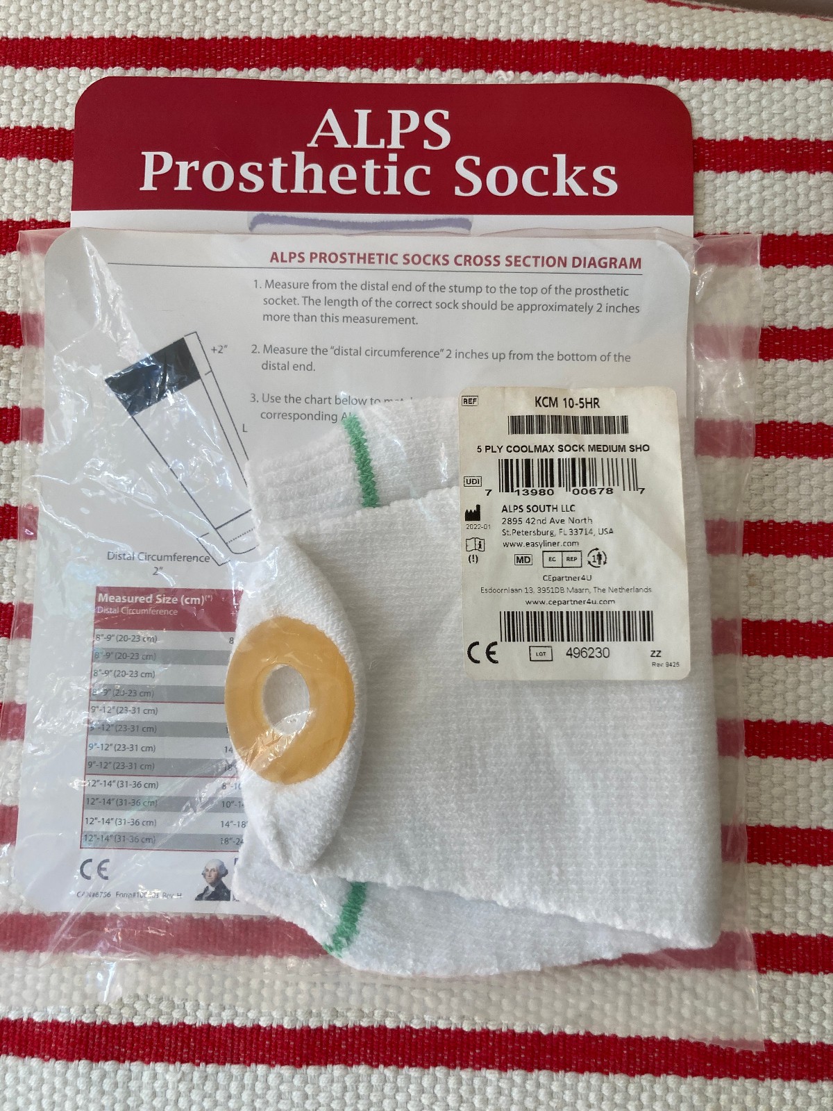 ALPS Prosthetic Sock KCM 10-5HR 5 Ply CoolMax Med Short Green Stipe Plastic Hole