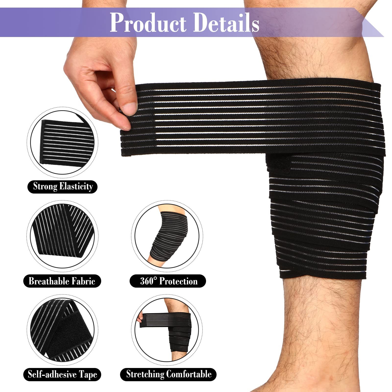 Unittype 6 Pieces 2 Size Elastic Calf Compression Bandage M, black, white