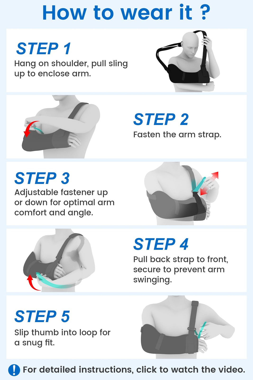 Velpeau Arm Sling Shoulder Immobilizer with Waist Strap, Small, Blue