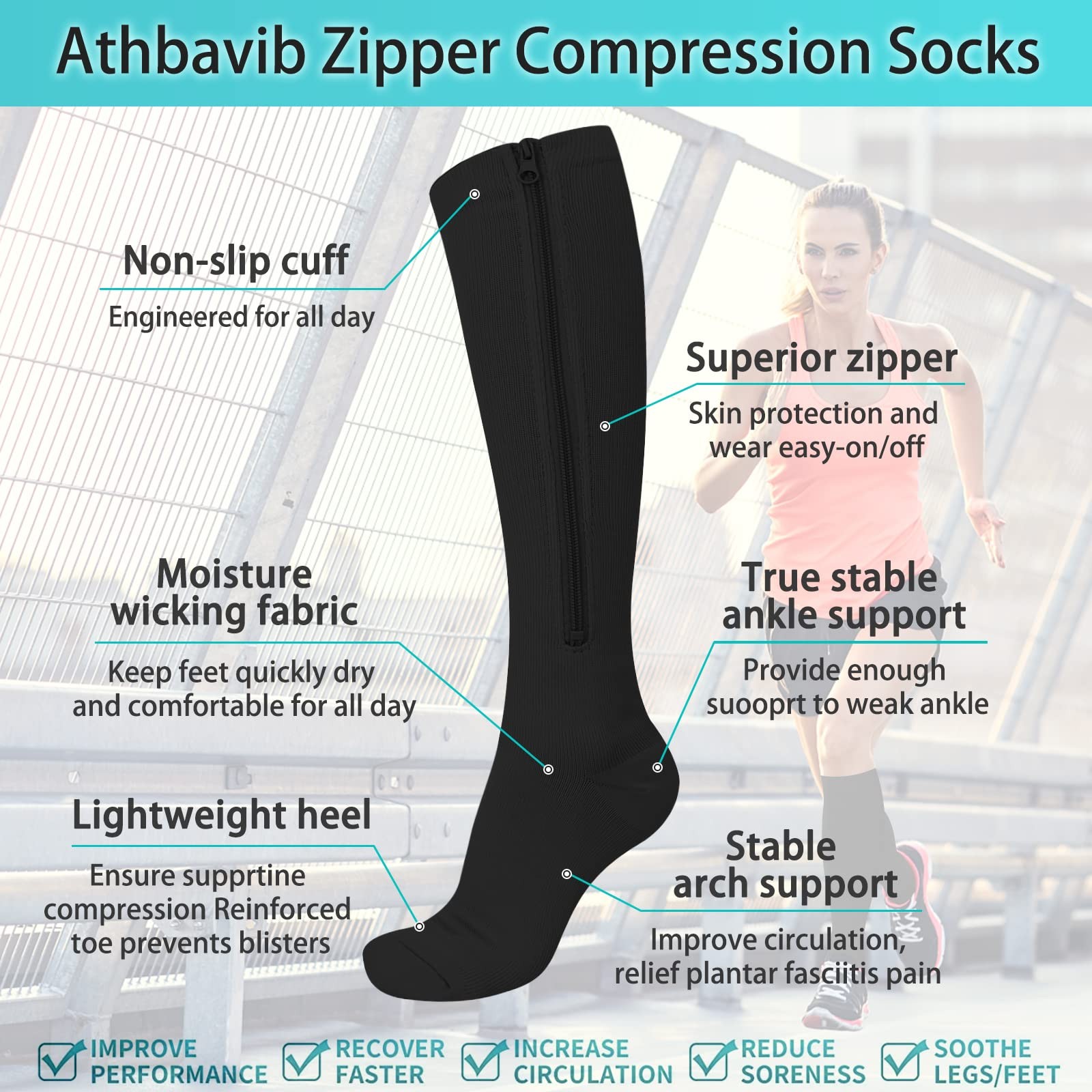 2 Pairs Zipper Compression Socks, 15-20 mmHg Closed Toe, Stocking, Women, Men
