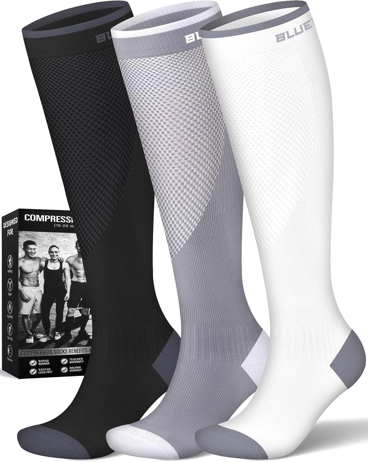 3 Pairs Compression Socks Stockings Womens Mens Knee High Medical 15-20 mmHG