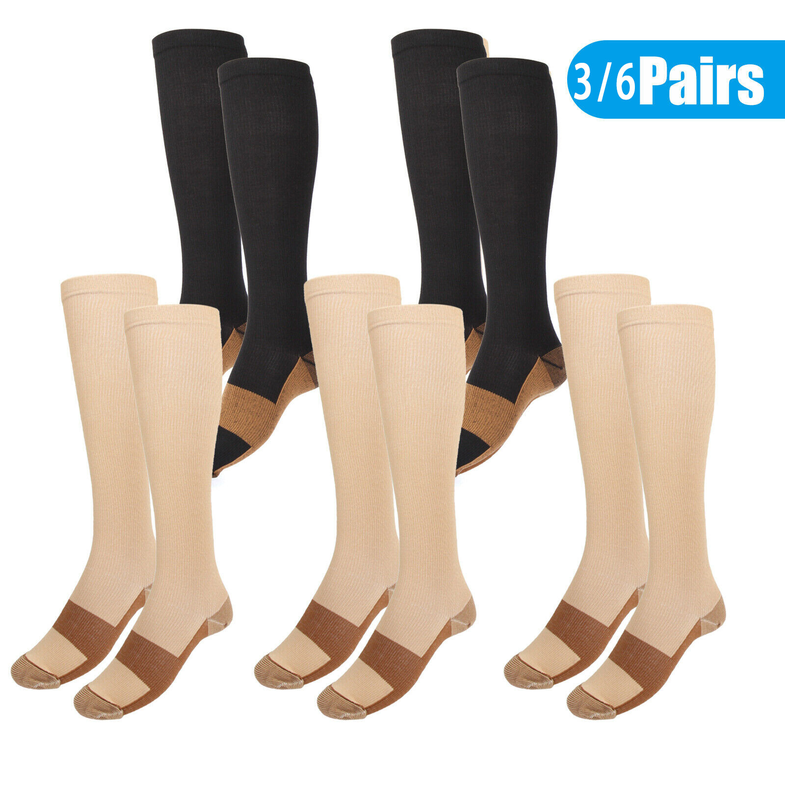 6 Pack Compression Socks (20-30mmHg) Moisture Wicking Cotton Support Stocking US