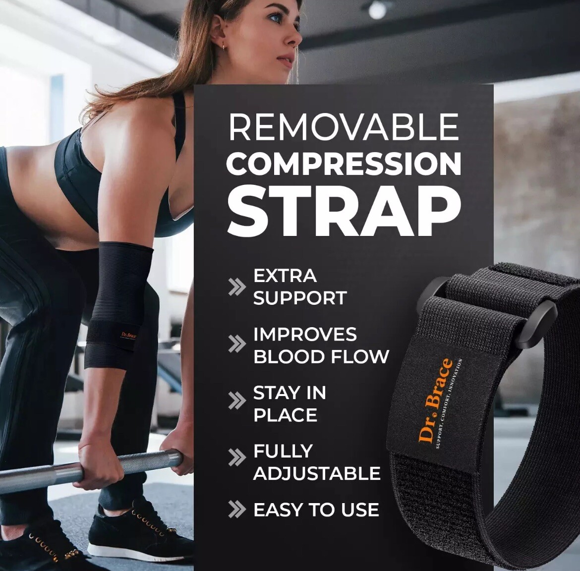 DR. BRACE Gel Padded Elbow Brace w/Removable Strap Compression Pain Relief Large