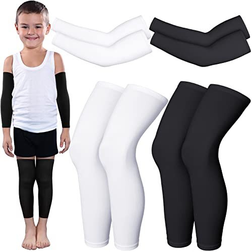 4 Pairs Kids Compression Arm & Leg Sleeves for Basketball Black & White, Small