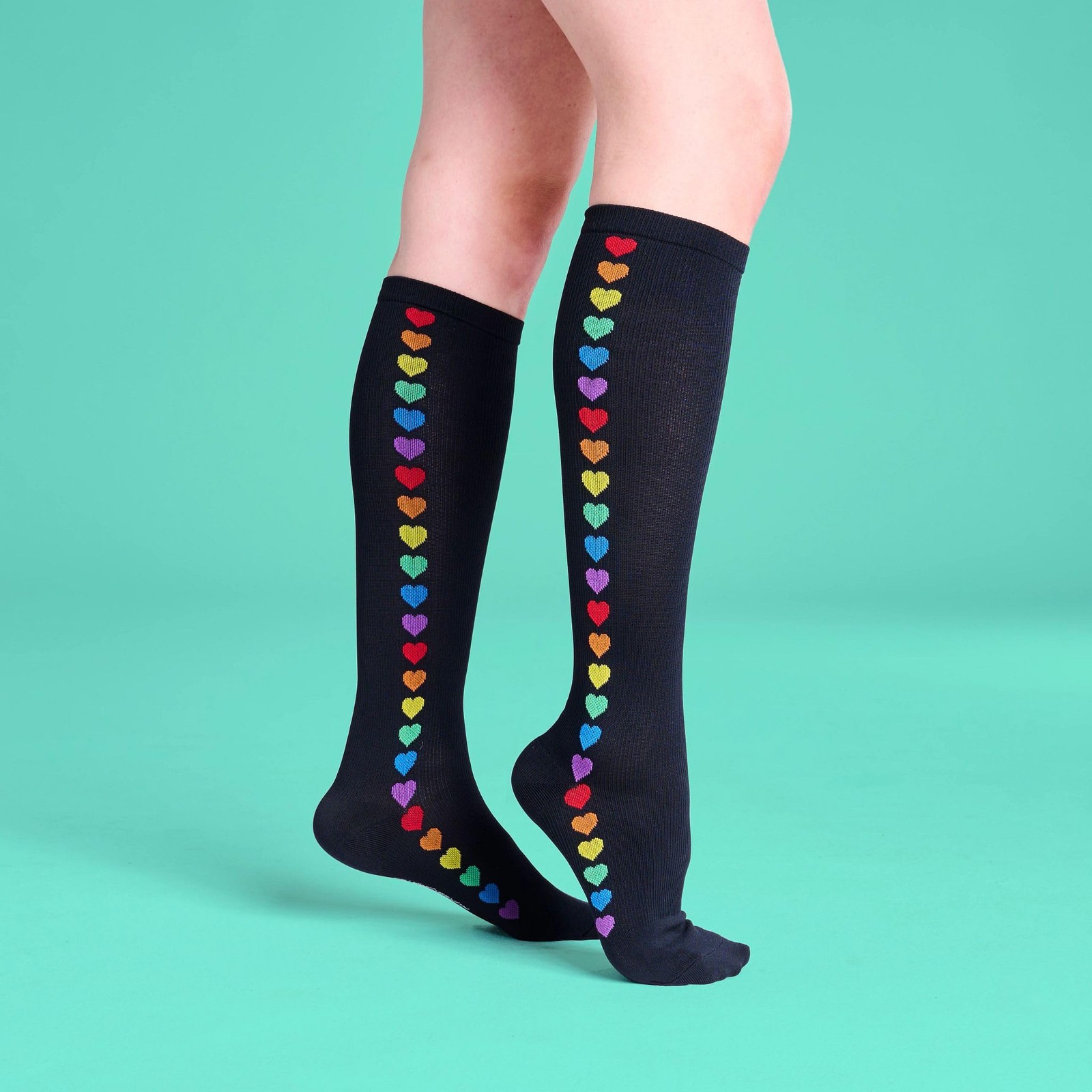 Nurse Mates Women’s Wide Calf Socks | 12-14 mmHg One Size, Rainbow Hearts