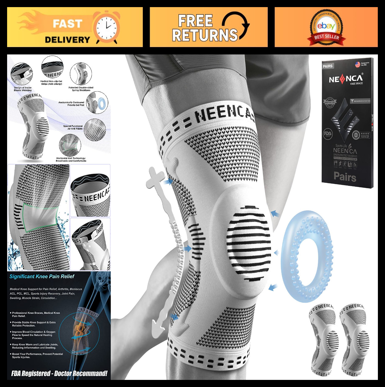 2 Pack Knee Braces for Pain Relief, Compression Sleeves with Gel Pad & Stabilize