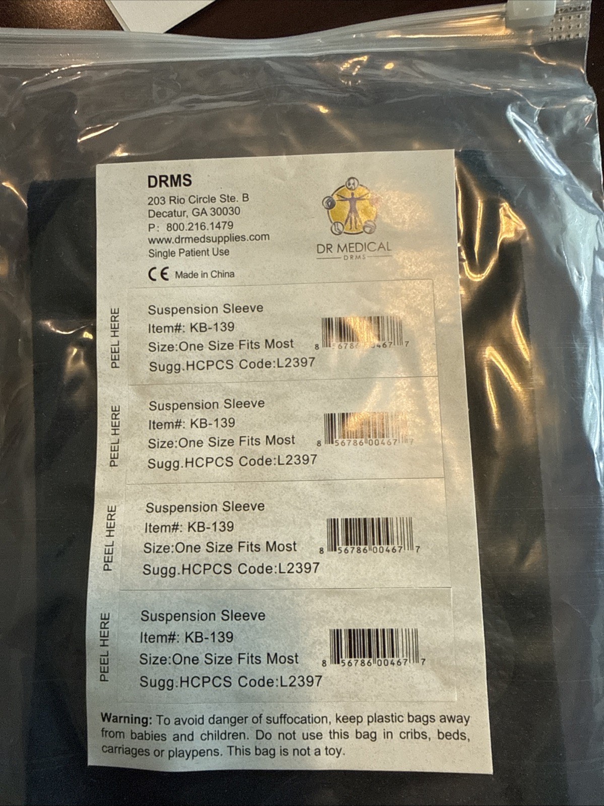 DRMS Dr Medical Suspension Sleeve Knee KB-139 One Size Fits Most Black New NIP