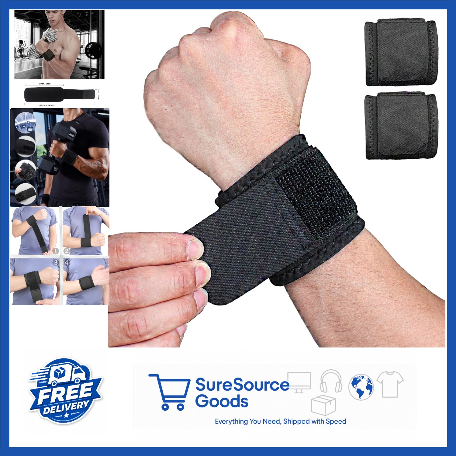 Highly Elastic Wrist Support Straps for Fitness Weightlifting 2 Pack Black