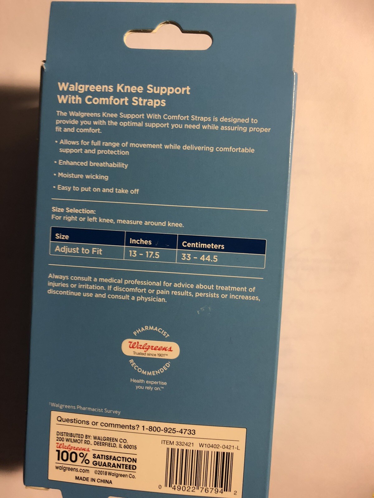 Walgreens ~Knee Support w/ Comfort Straps ~Adjustable ~1 Size~Fits Left Or Right