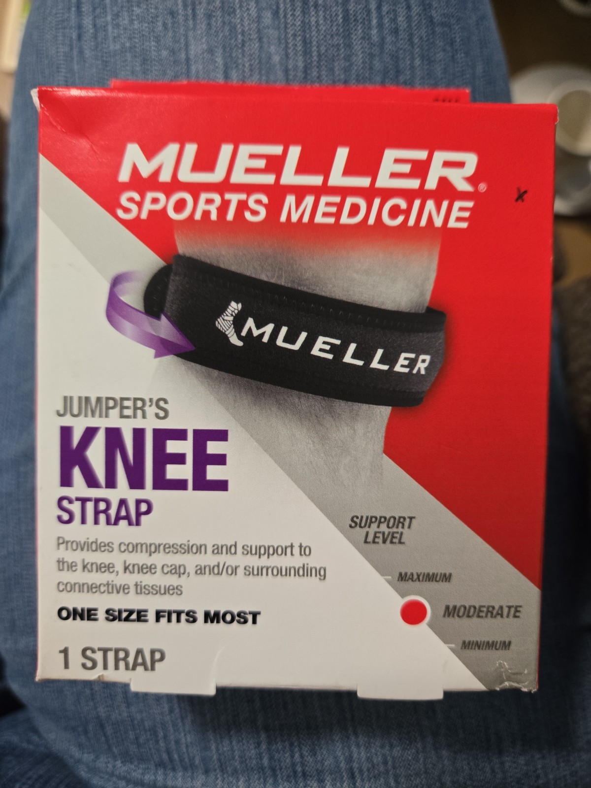 Mueller Knee Strap Jumpers Moderate Support Antimicrobial Adjustable One Size