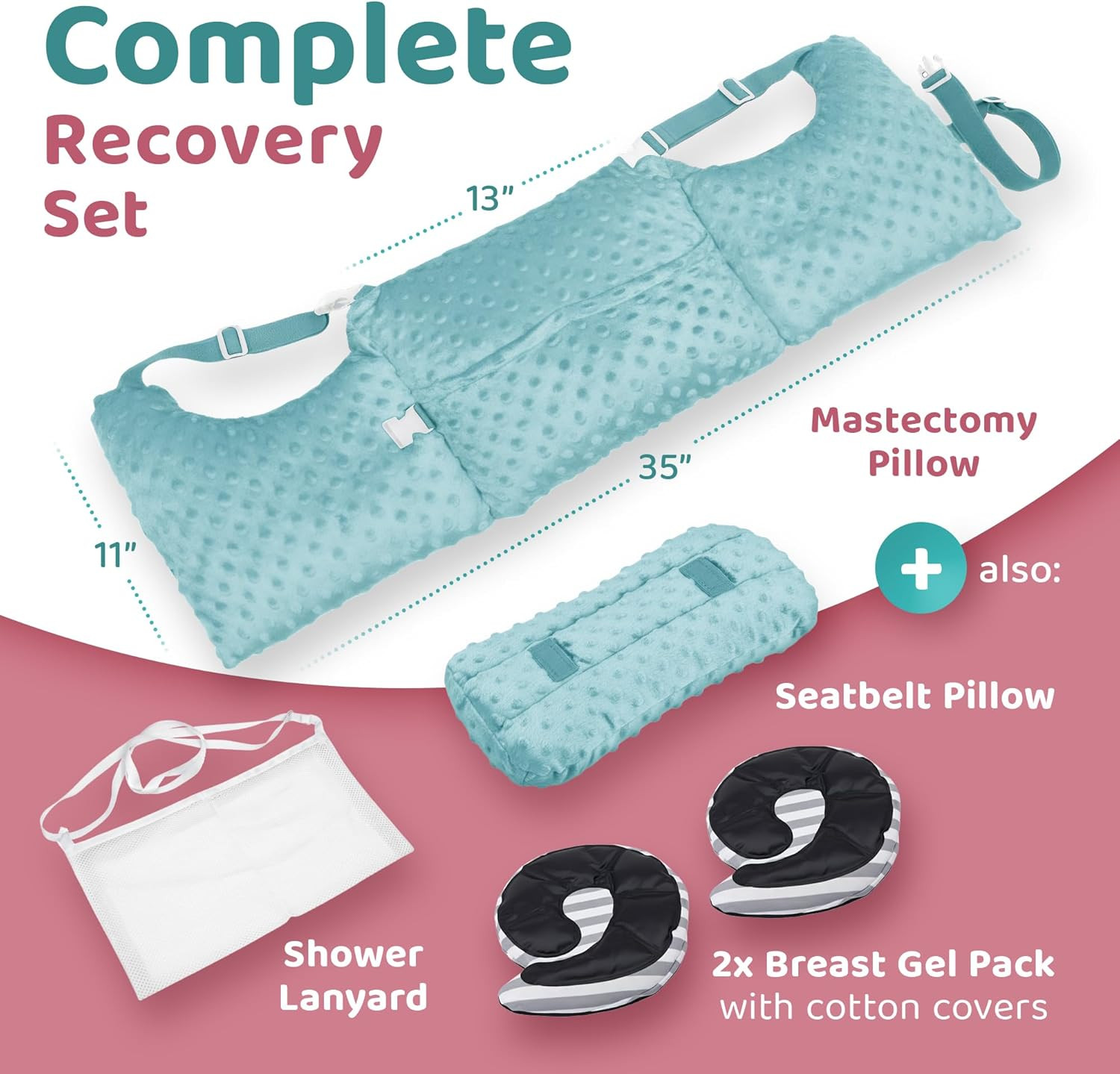 Mastectomy Recovery Pillow with Strap, Swirly Gel Pack, Seat Belt Cover & Shower