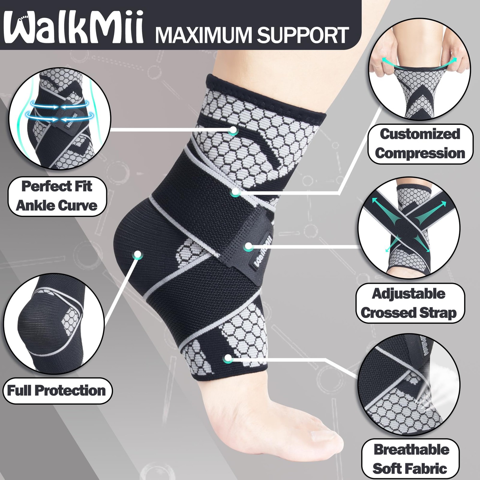 WalkMii Ankle Compression Sleeves (1 Pair)-Ankle Brace for Large, Black