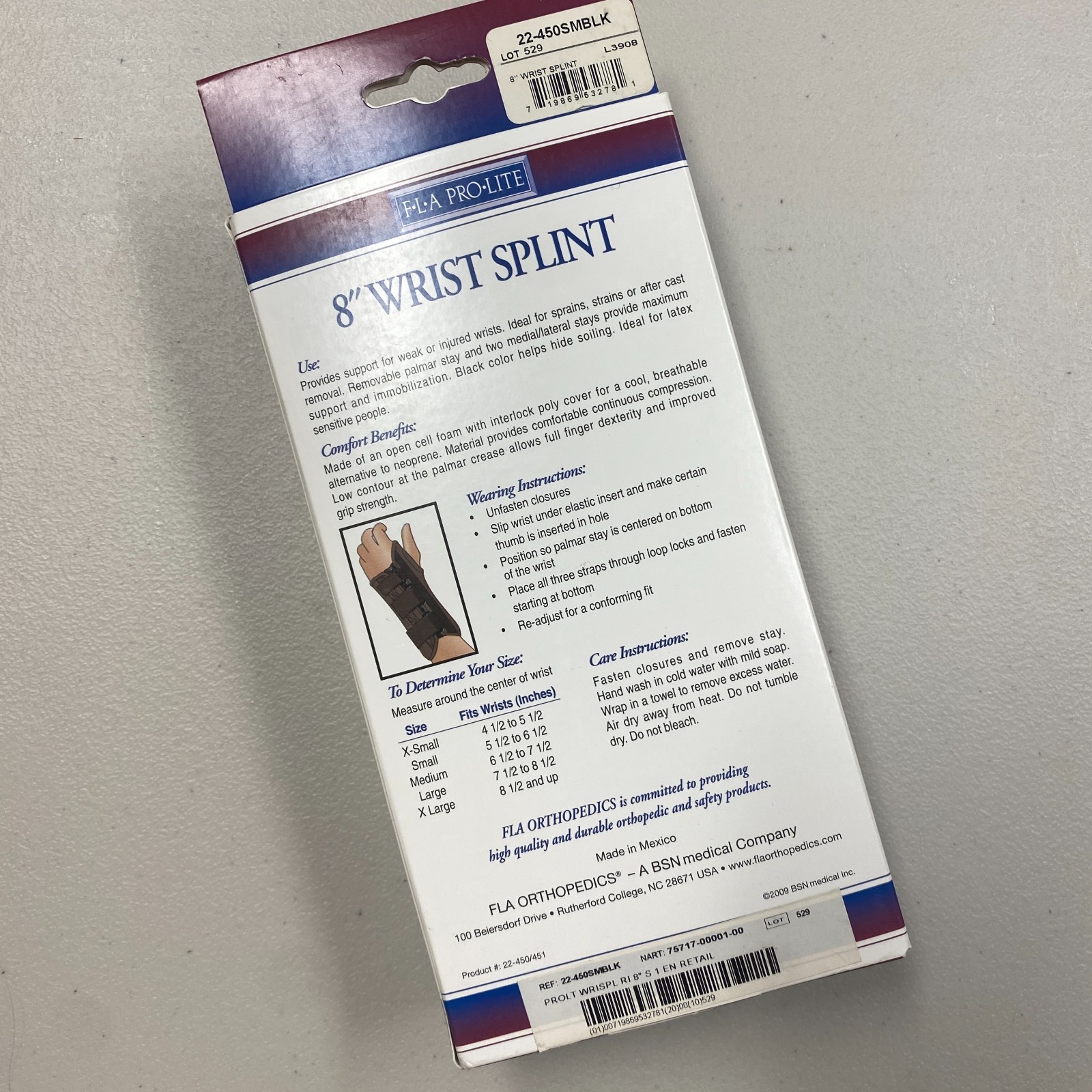 FLA Pro-Lite 8″ Professional Grade Wrist Splint Small Right Hand Black New