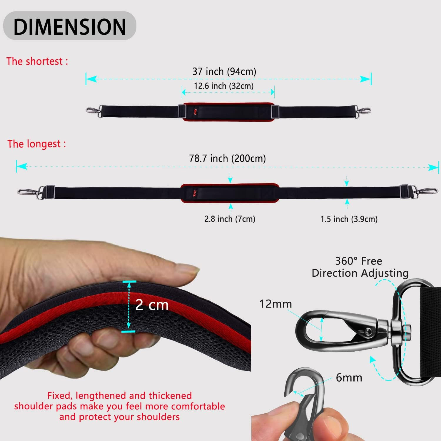 79 inch Shoulder Strap, Extra-thick Fixed Cushion Pad and Dual Clasps Universal