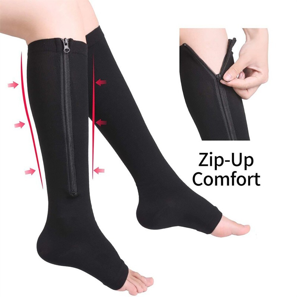 Open Toe Zipper Compression Socks Support Graduated Stockings Unisex 20-30mmHg