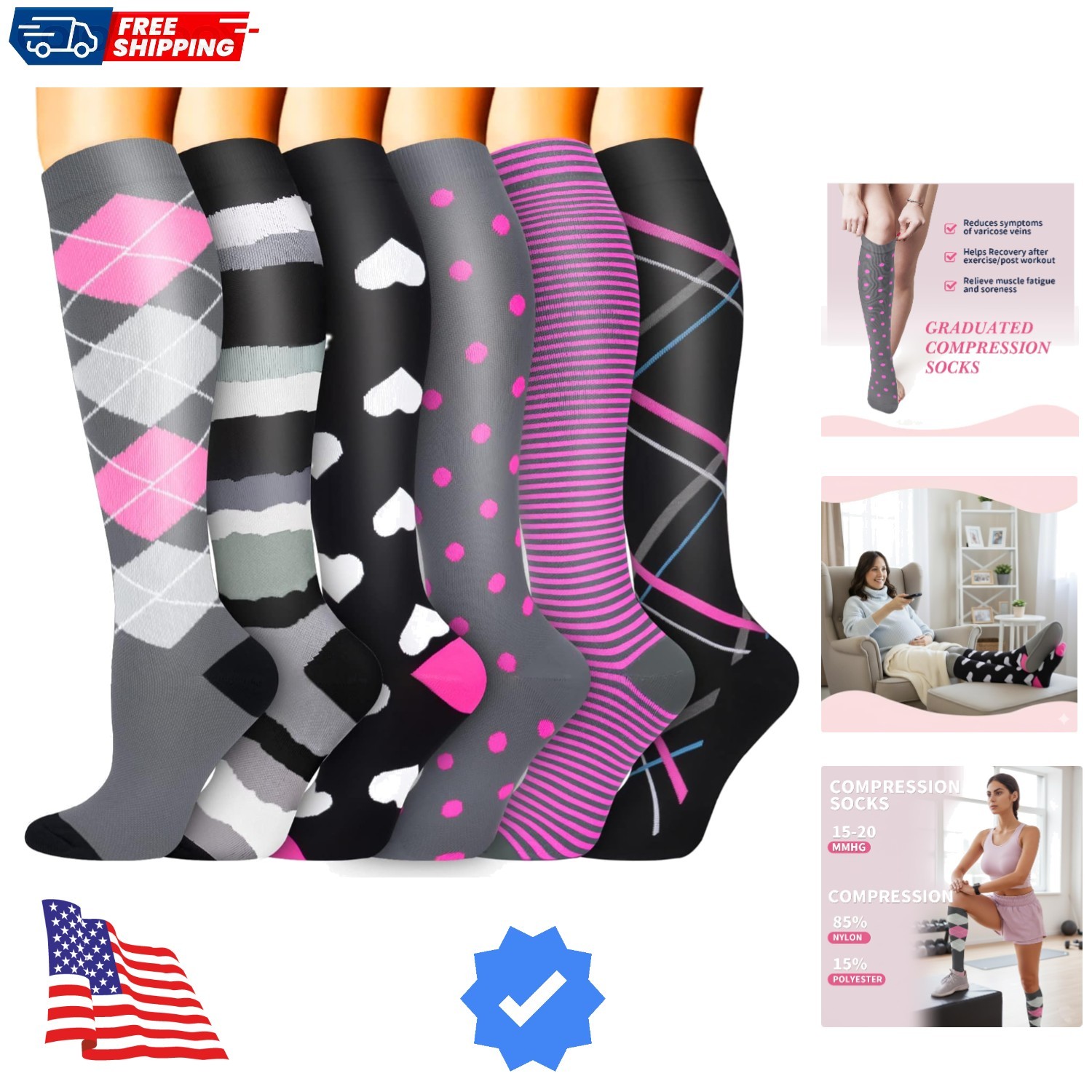 Compression Socks for Women & Men 6 Pairs is Best Supportive Knee High Stocki…