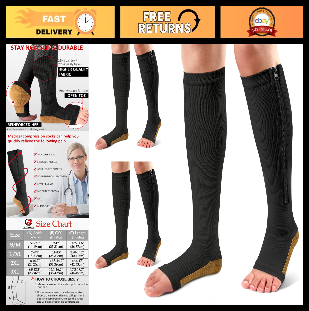 3 Pairs Knee High Compression Socks 15-20 mmHg with Zipper, Open Toe for Varicos