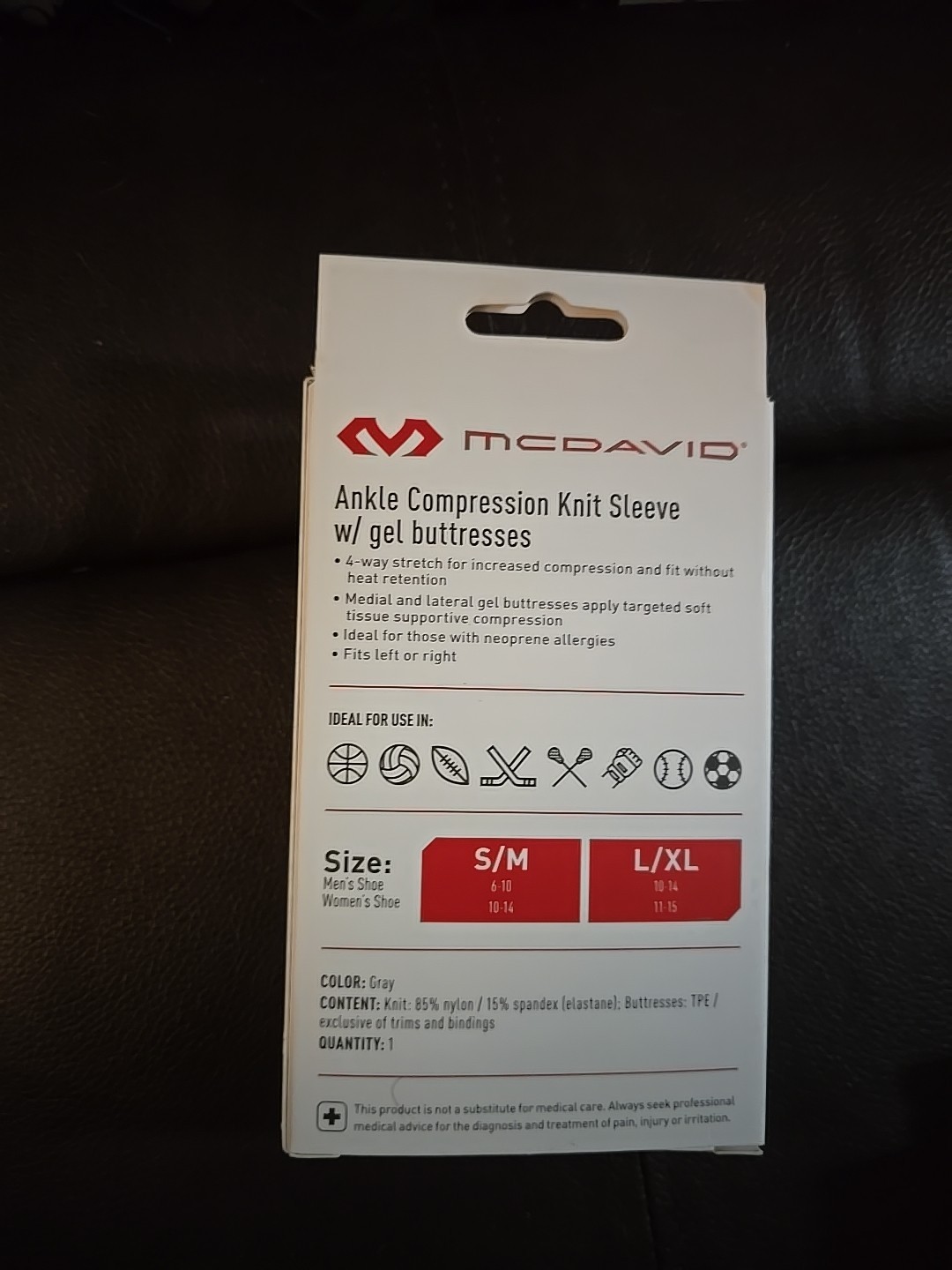 MCDAVID ANKLE COMPRESSION KNIT SLEEVE W/ GEL BUTRESSES, SMALL/MEDIUM (K29)