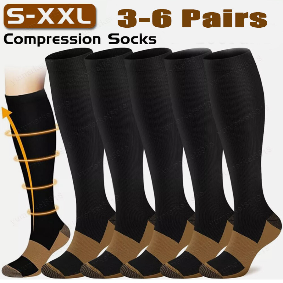 3/6 Pairs Copper Compression Socks 20-30mmHg Graduated Support Men Women S-XXL