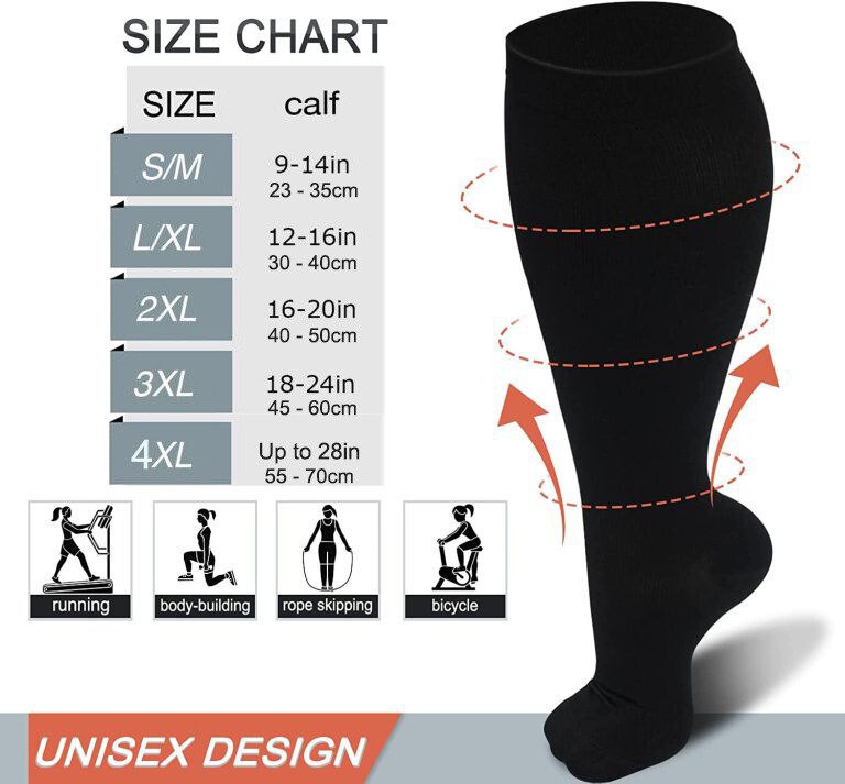S M L 2XL 3XL 4XL Compression Socks Women Men Wide Calf Flight Socks Knee High