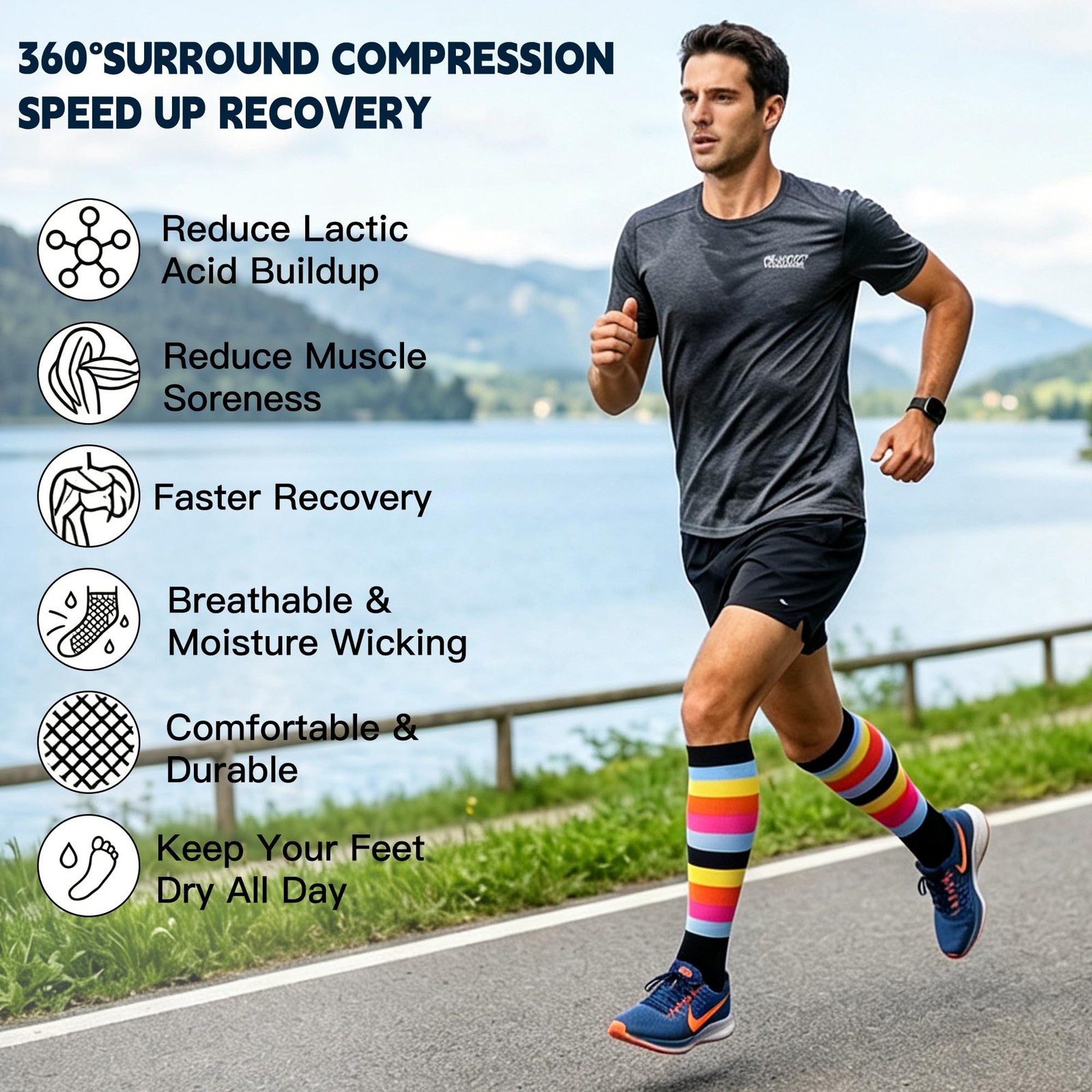 3 Pack 20-30 mmHg Compression Socks Knee High for Men Women Running Travel