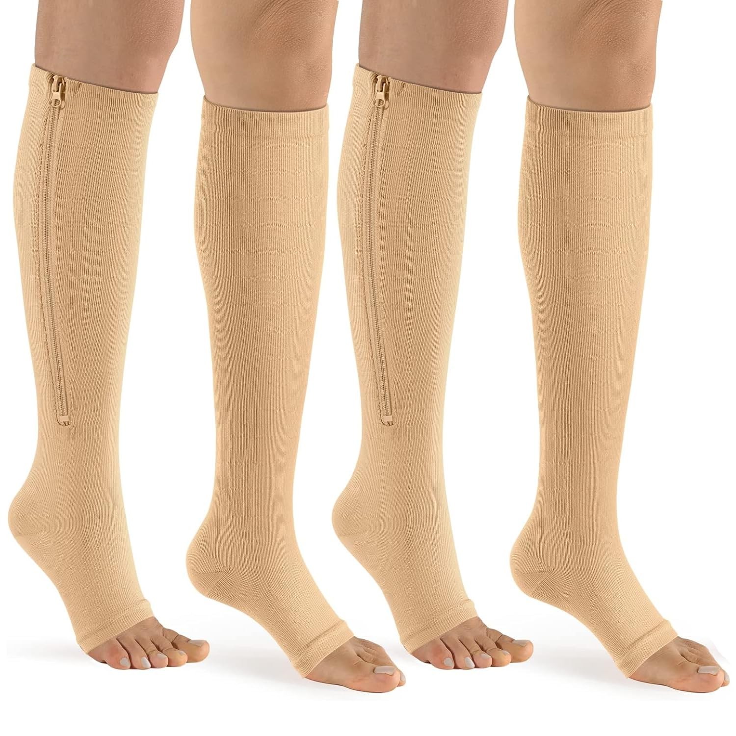 Zipper Compression Socks Women Men 2 Pairs Knee High 15-20mmHg Open Toe