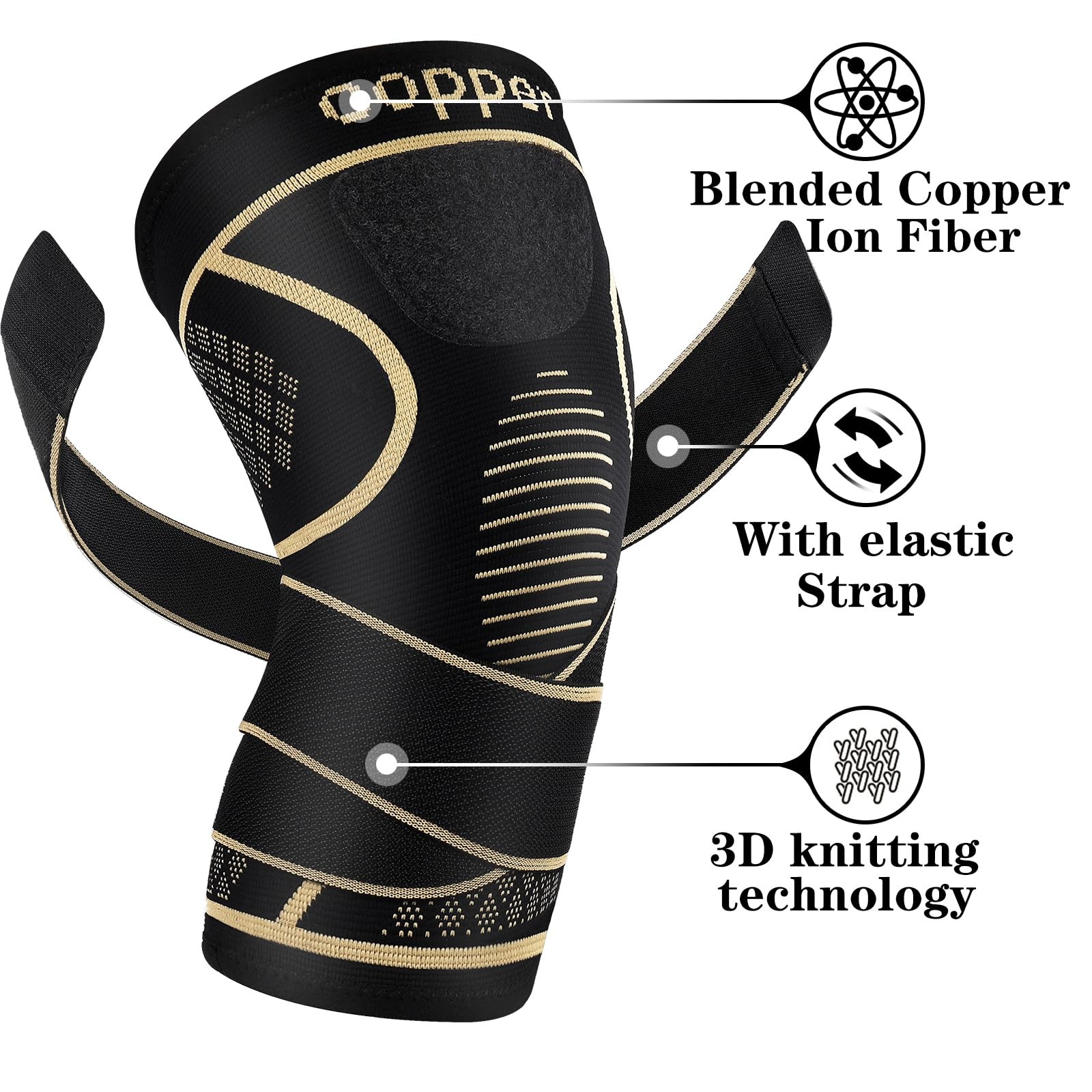 Copper Knee Brace with Strap, 2 Pack, Knee Compression Sleeve, Size S