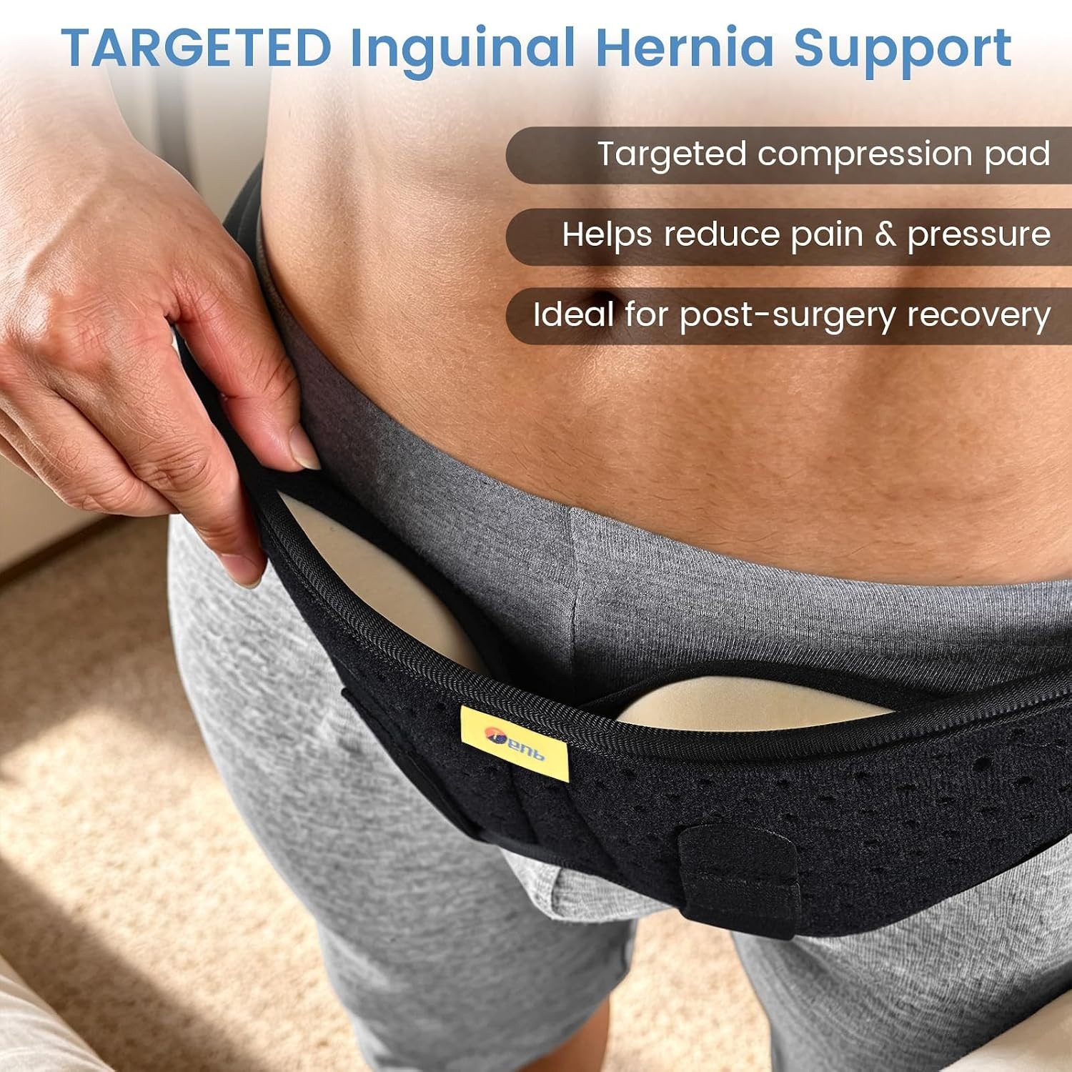 TENB Hernia Belt for Men Inguinal Support Truss Adjustable Black Medium