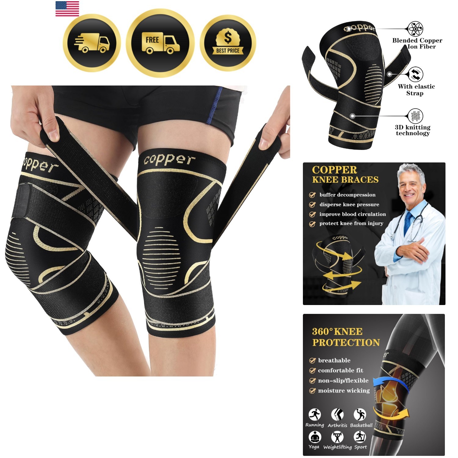 Copper Knee Braces with Strap for Knee Pain Women and Men2 Pack, Knee Compres…