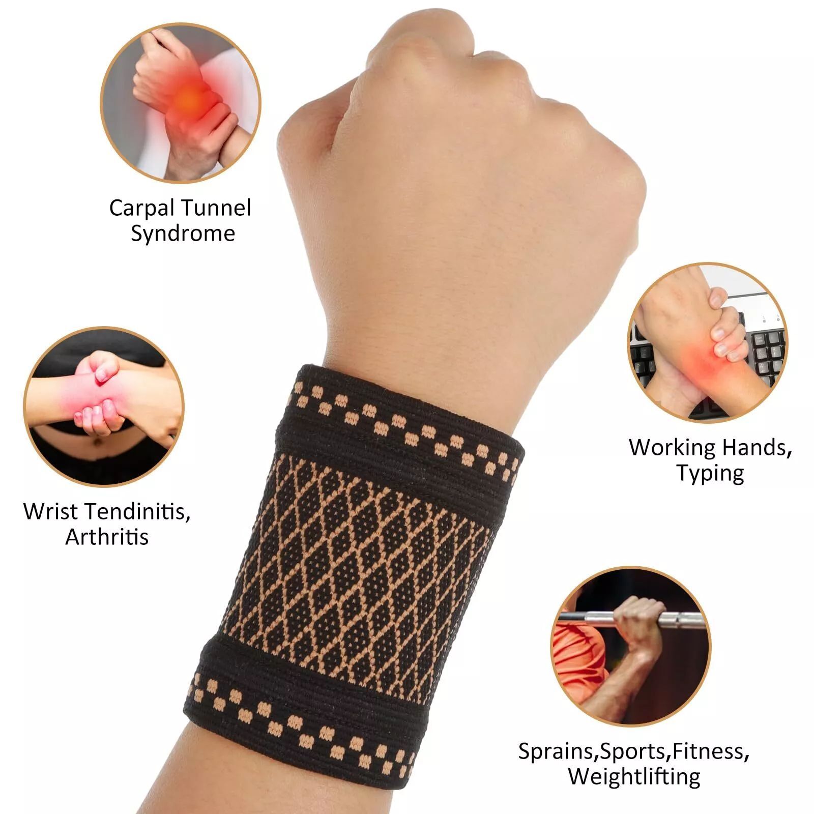 Copper Wrist Compression Brace (4Pcs), Elastic Wrist Support Sleeve Wrist Braces