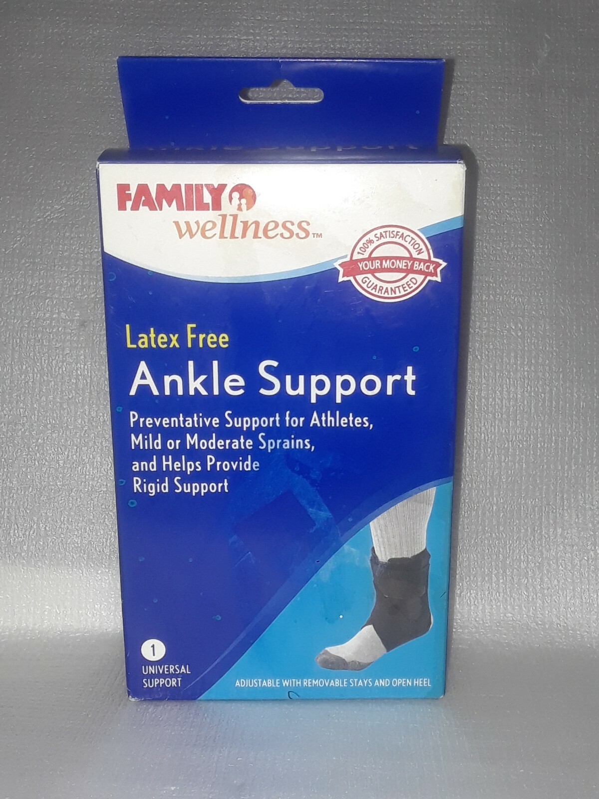 NIB FAMILY WELLNESS Latex Free Black Pull On ADJUSTABLE Ankle Support Brace