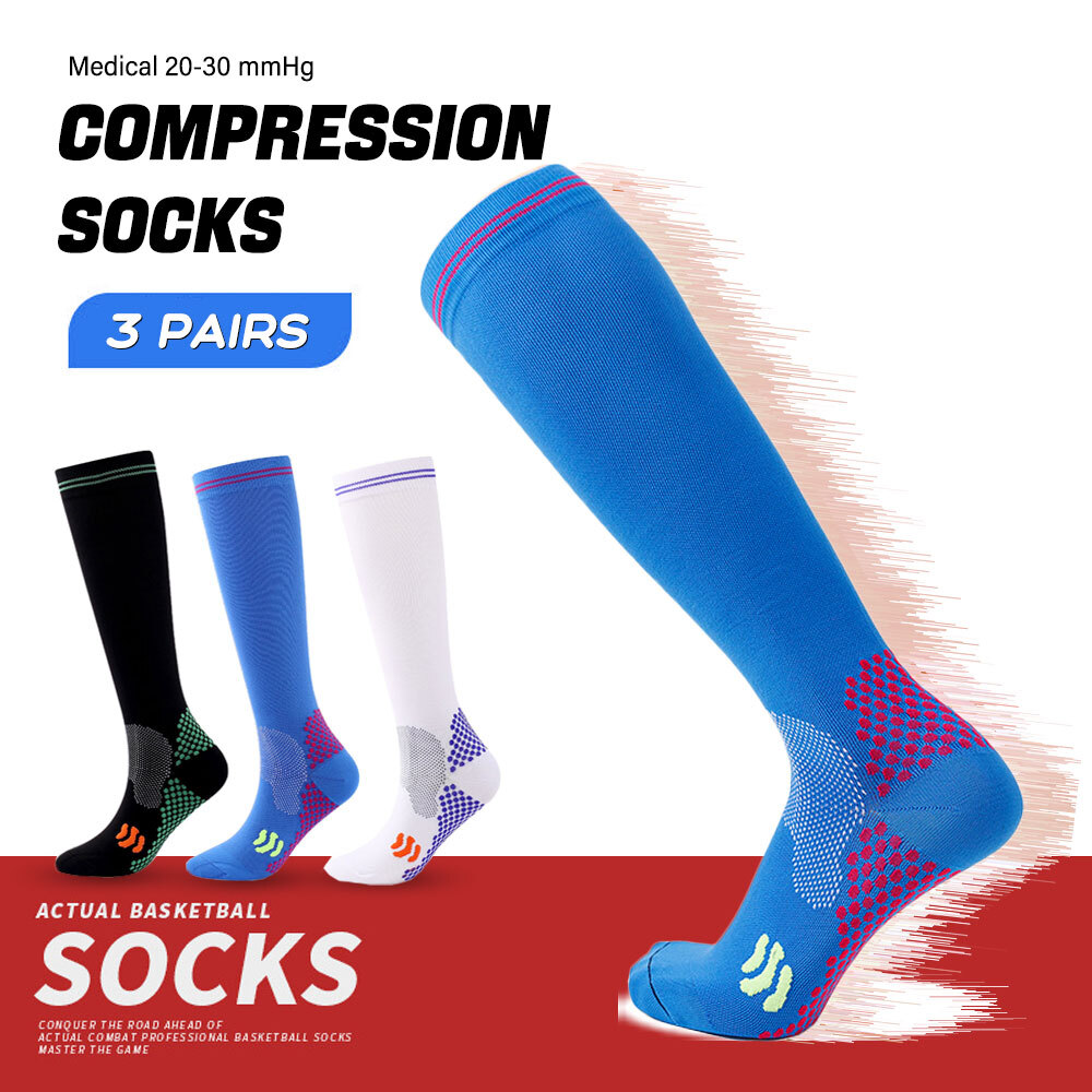 3 Pairs Sports Compression Socks Diabetic Travel Long Tube Socks for Nurse Edema