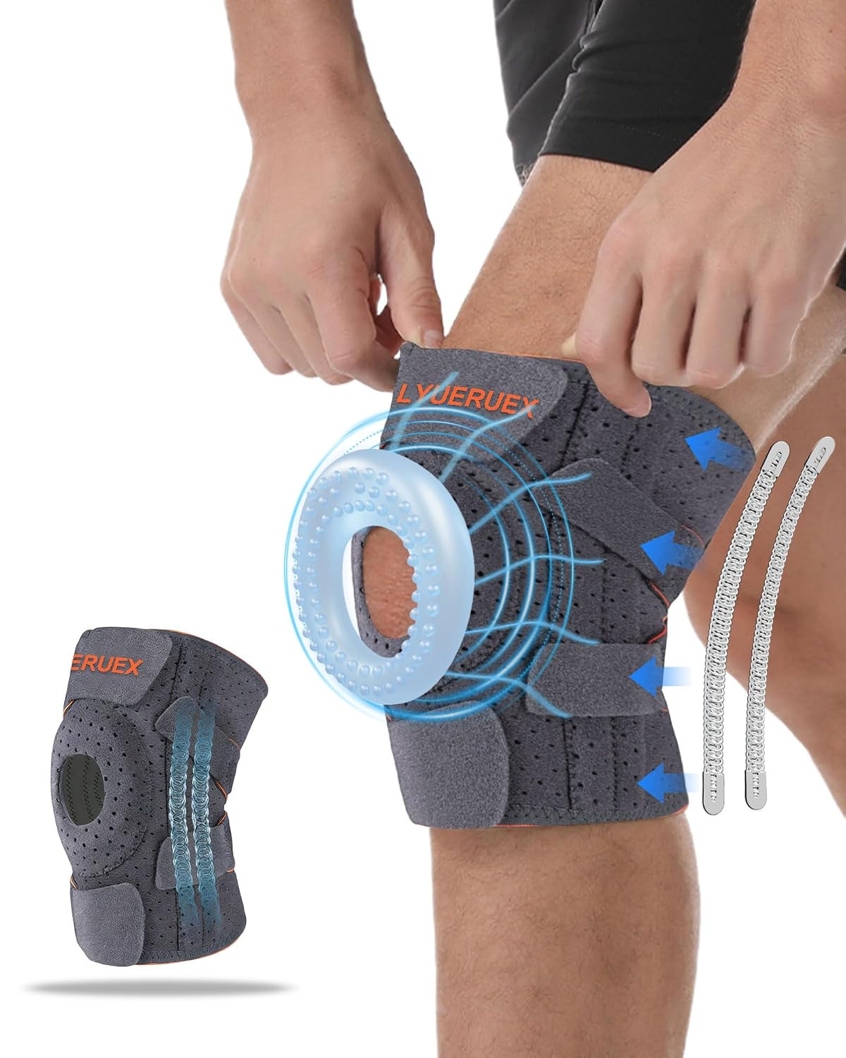 Adjustable Knee Brace with Stabilizers and Gel Pad for Pain Relief