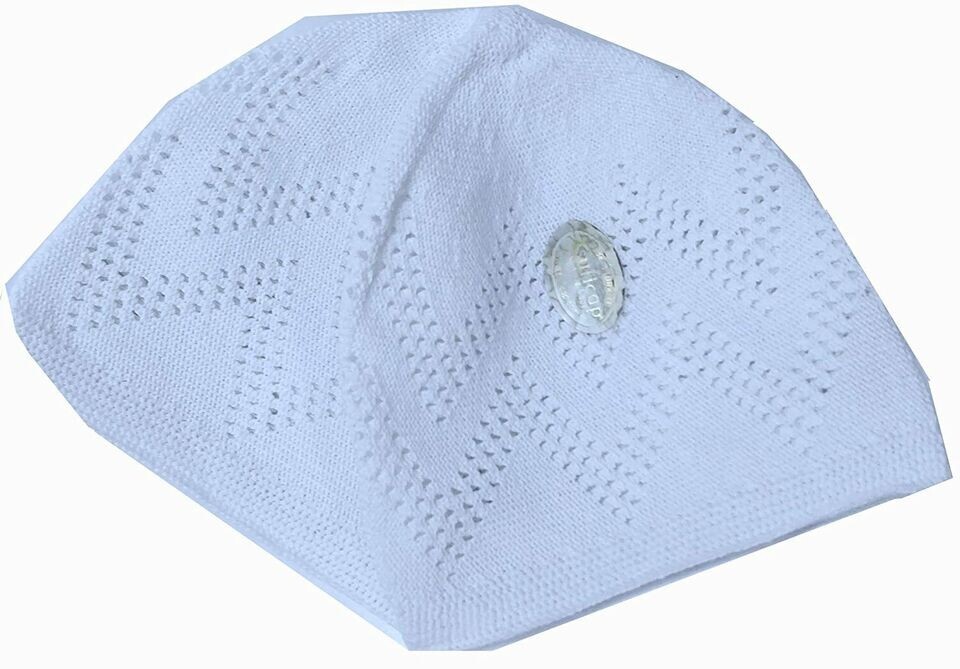 Muslim White Cotton Open-Knit Turkish Islamic Skull Kufi Cap Kuffiyeh Hat