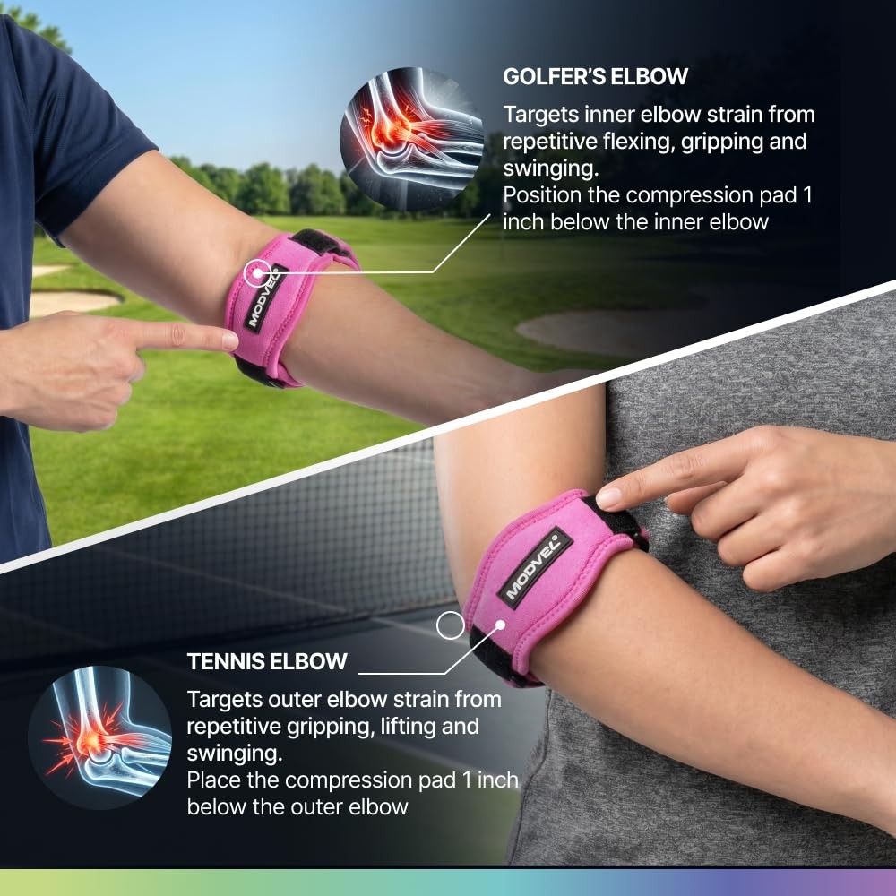 Modvel Adjustable Elbow Patellar Tendon Support Strap, Golf & One Size, Pink