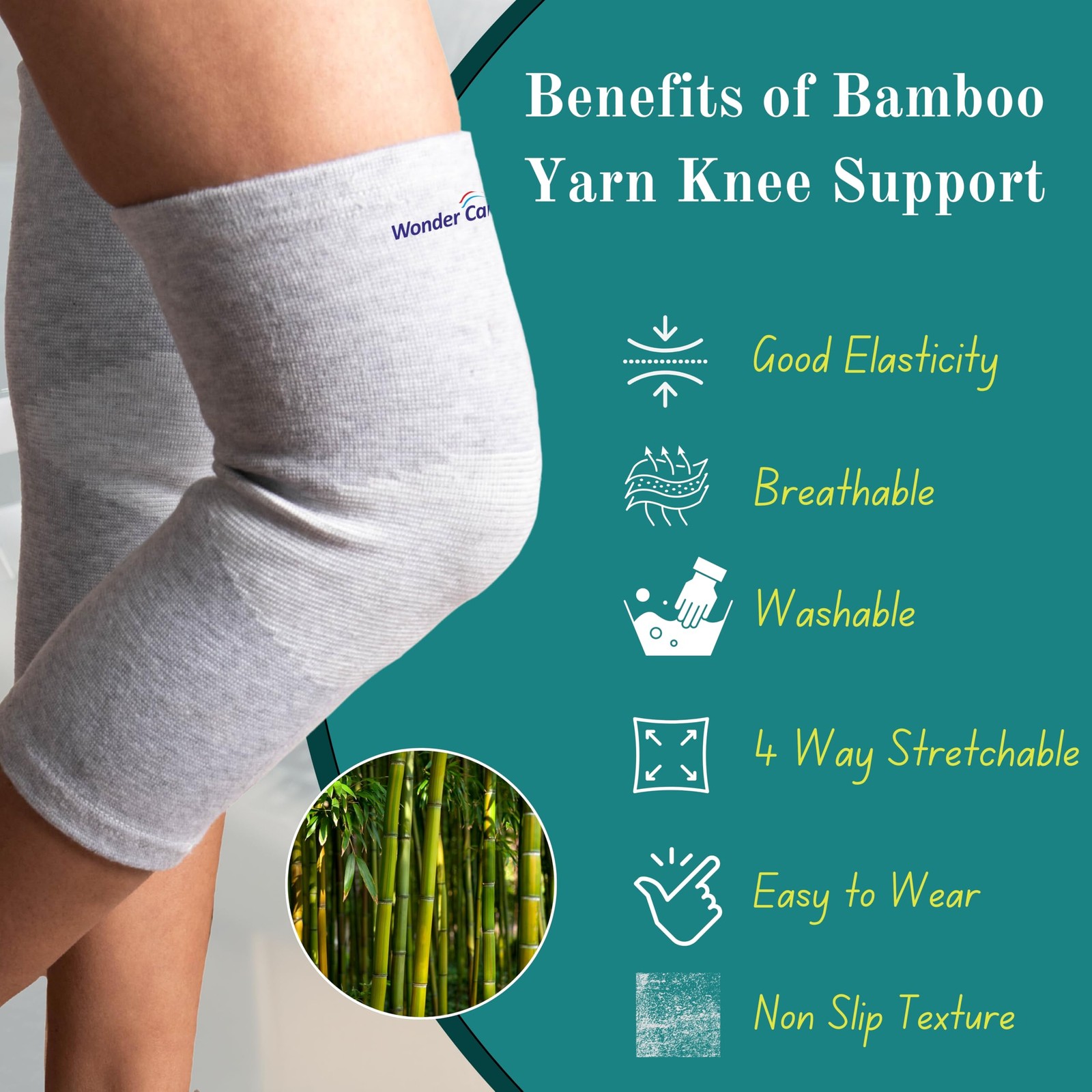 Wonder Care 2-Pack Bamboo Knee Compression Sleeve for Men and XXX-Large, Grey