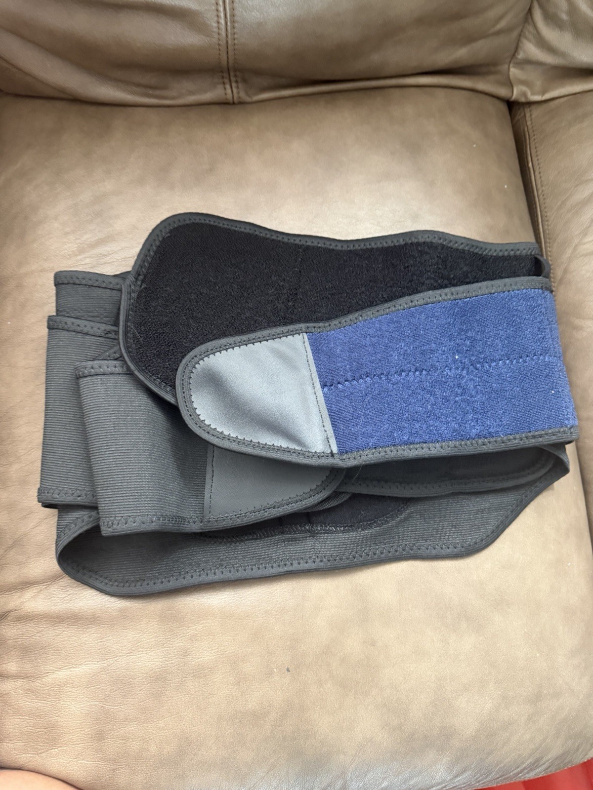 Mueller Adjustable Back Support Belt Brace One Size Black/Gray Blue Strap