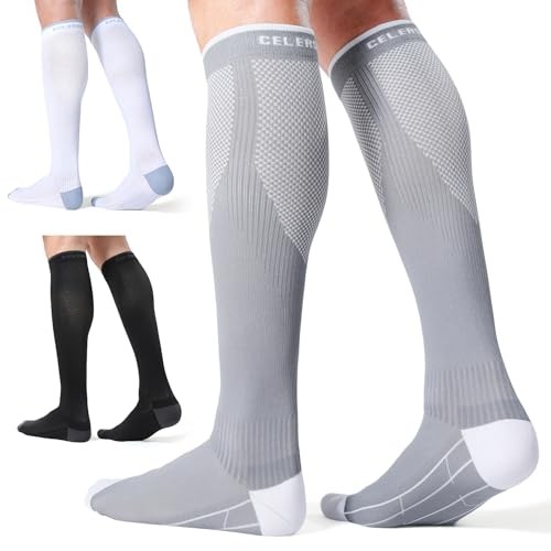3 Pairs Compression Socks for Men and Women Large-X-Large Black + White + Grey
