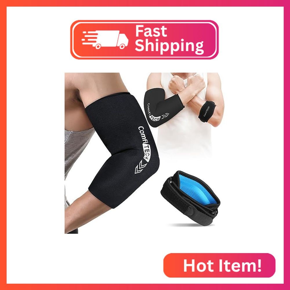 Comfitech Tennis Golfers Elbow Brace Strap & Ice Pack Wrap Combo for Men and Wom