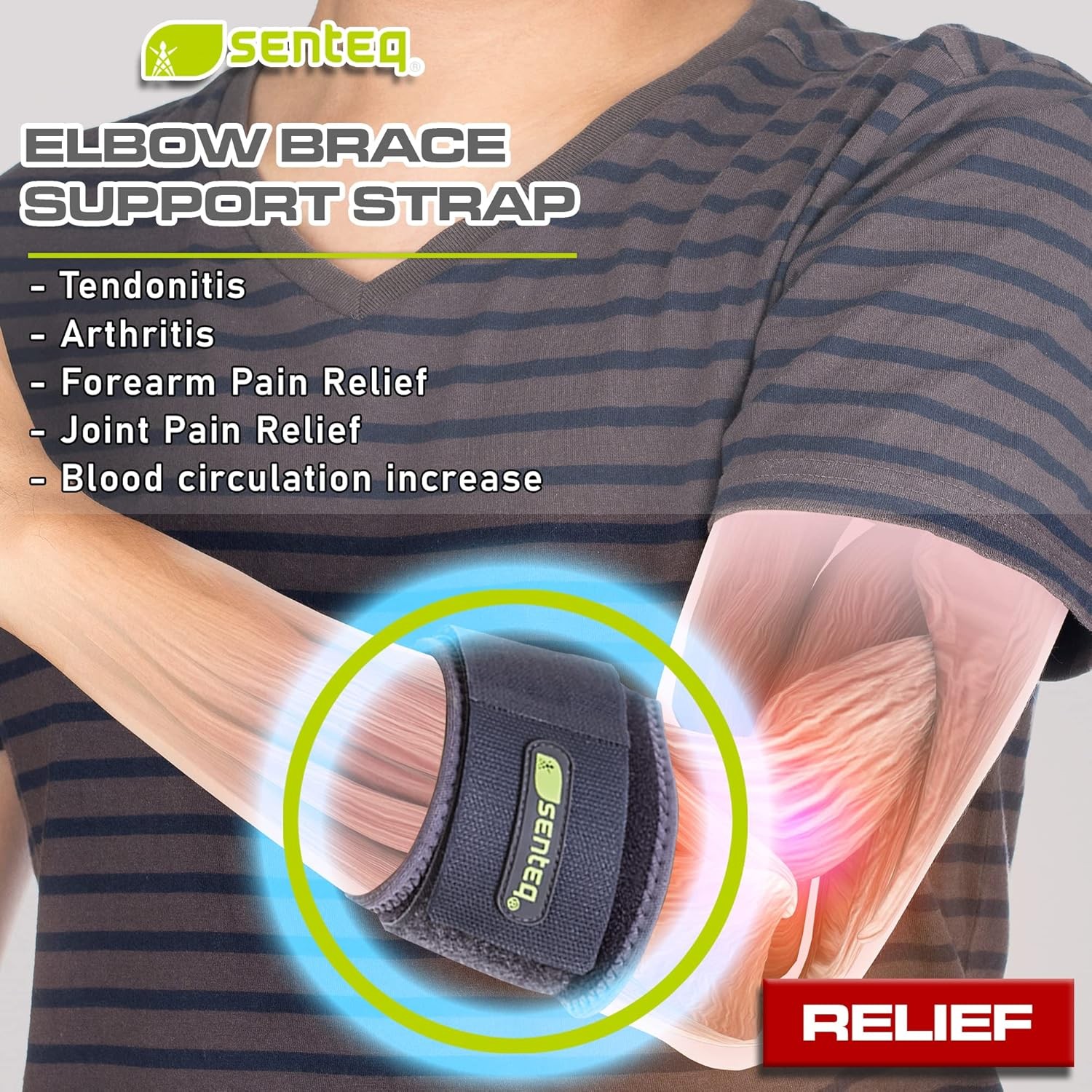 Elbow Brace Support Strap – Forearm Compression 2 Count (Pack of 1), Grey