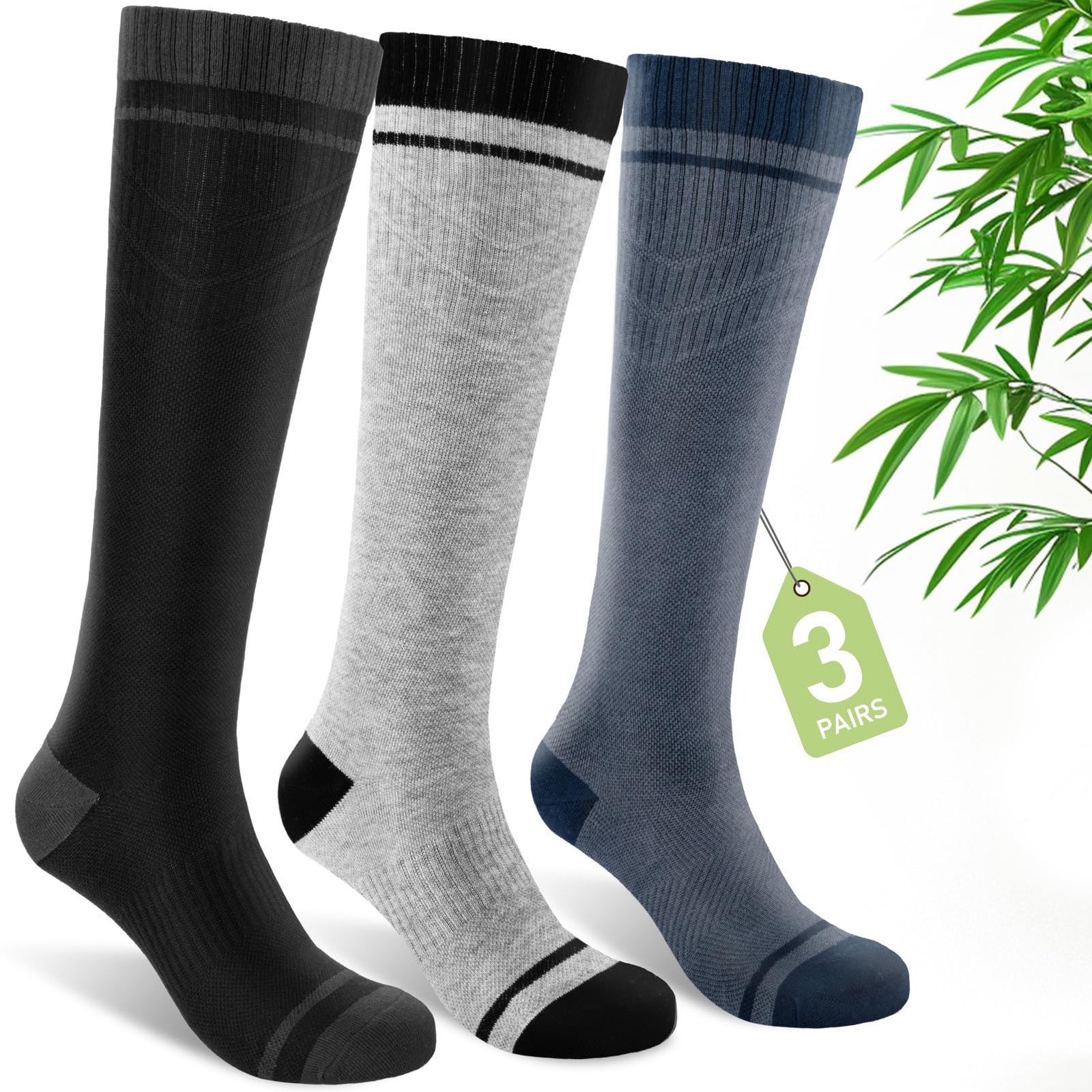 Bamboo Viscose Compression Socks for Women & Men (3 Pairs) 15-20 mmHg Knee Hi…