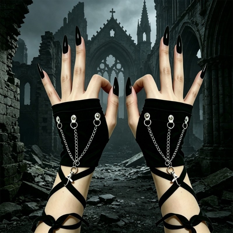 Black Fingerless Sleeve Cuffs Gloves with Wrap Straps for Theme Party Wear