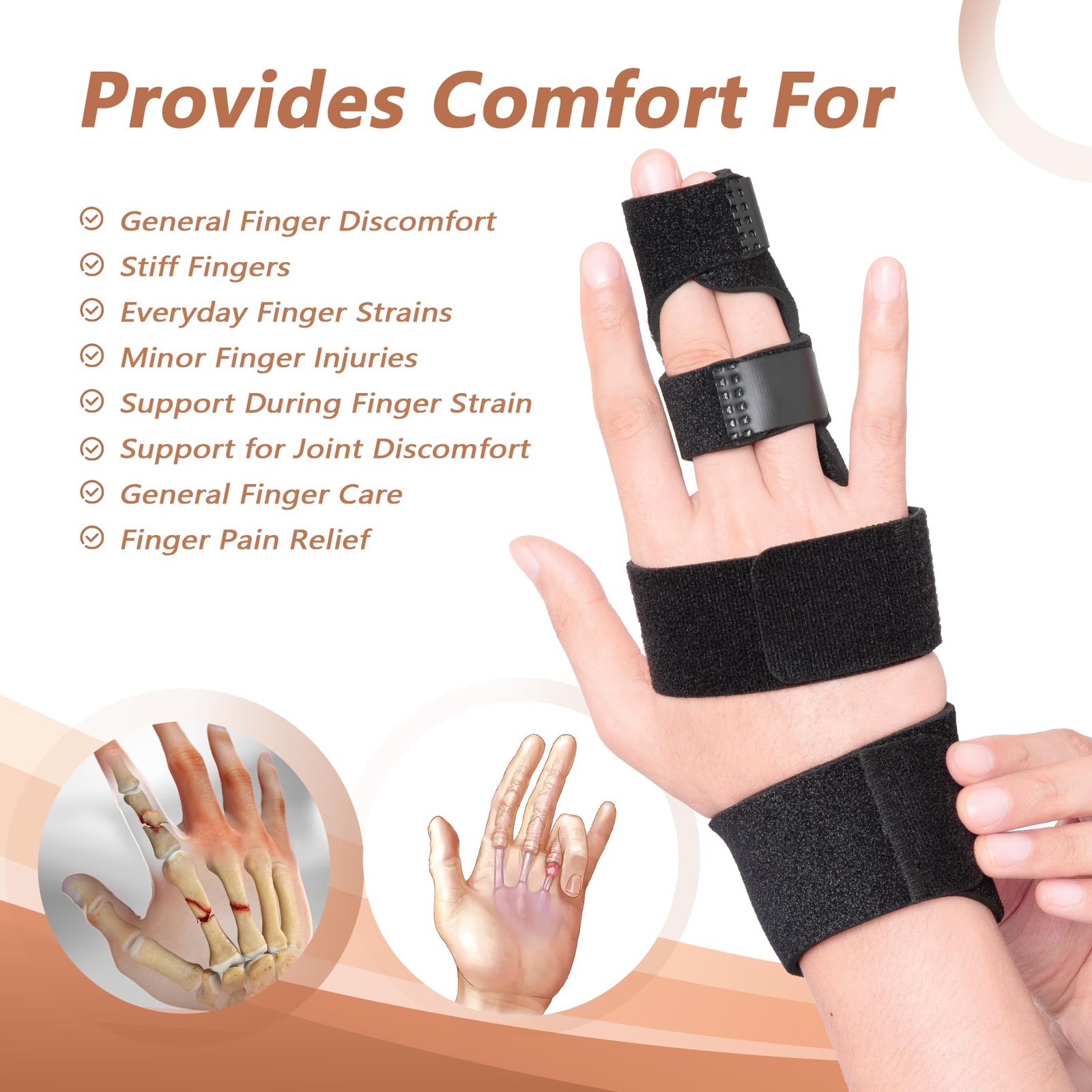 2 Finger Splint, Adjustable Brace, Metal Support L/XL, Black