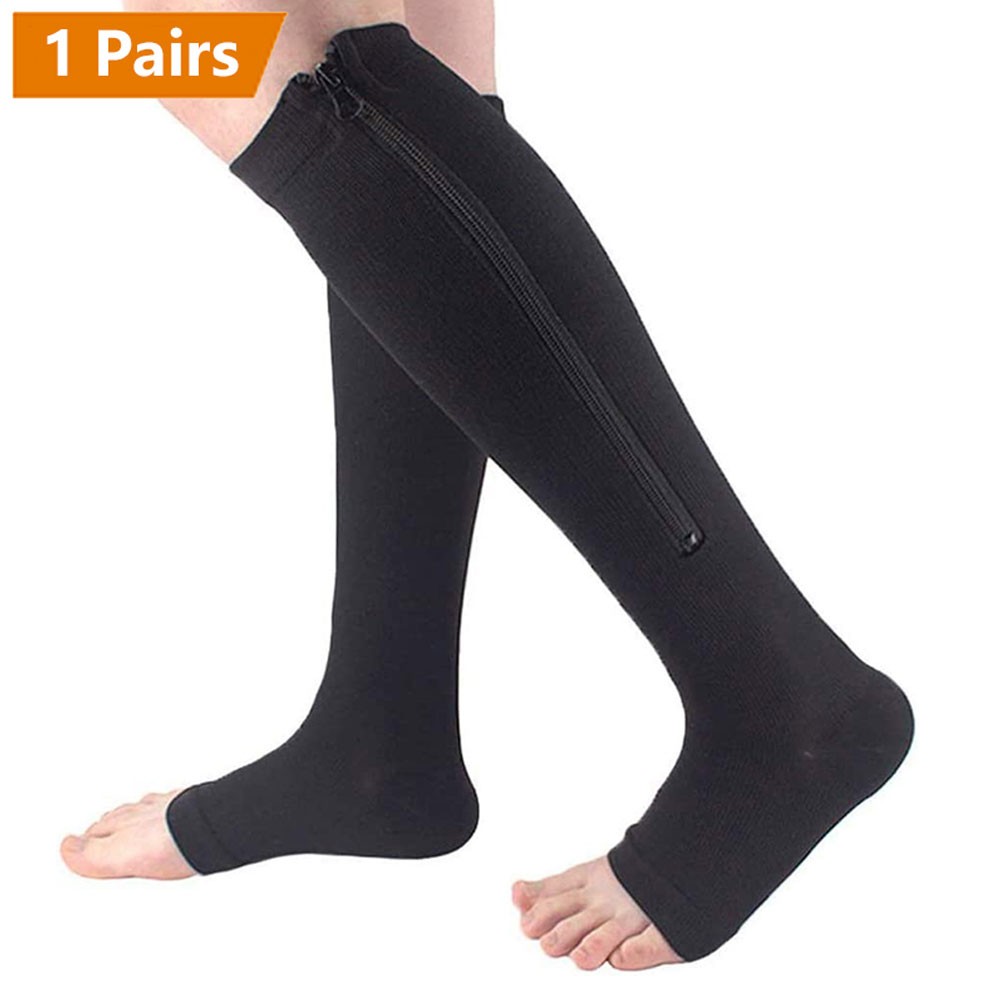 Open Toe Zipper Compression Socks Support Graduated Stockings Unisex 20-30mmHg