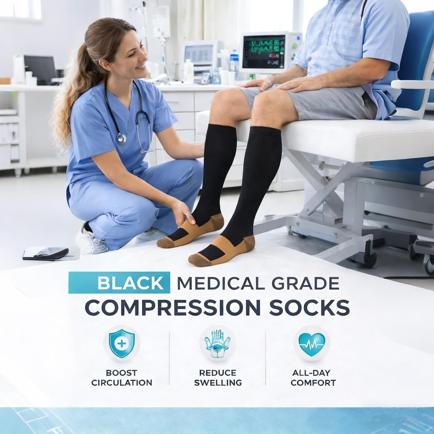 No-Slip Design Compression Socks for Prolonged Comfort | Black Copper 20-30 mmHg