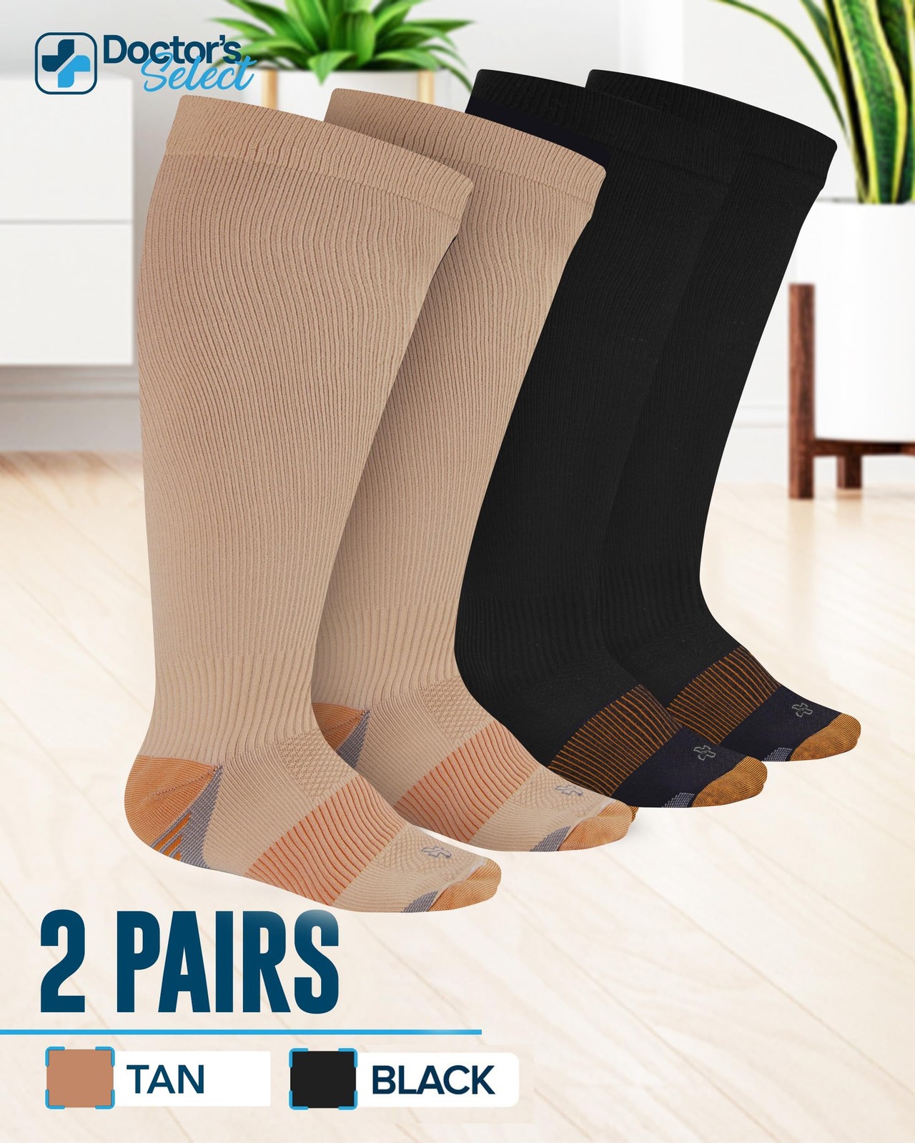 Doctor’s Select Copper Plus Size Compression 3X-Large, Black/Tan – 2 Pairs
