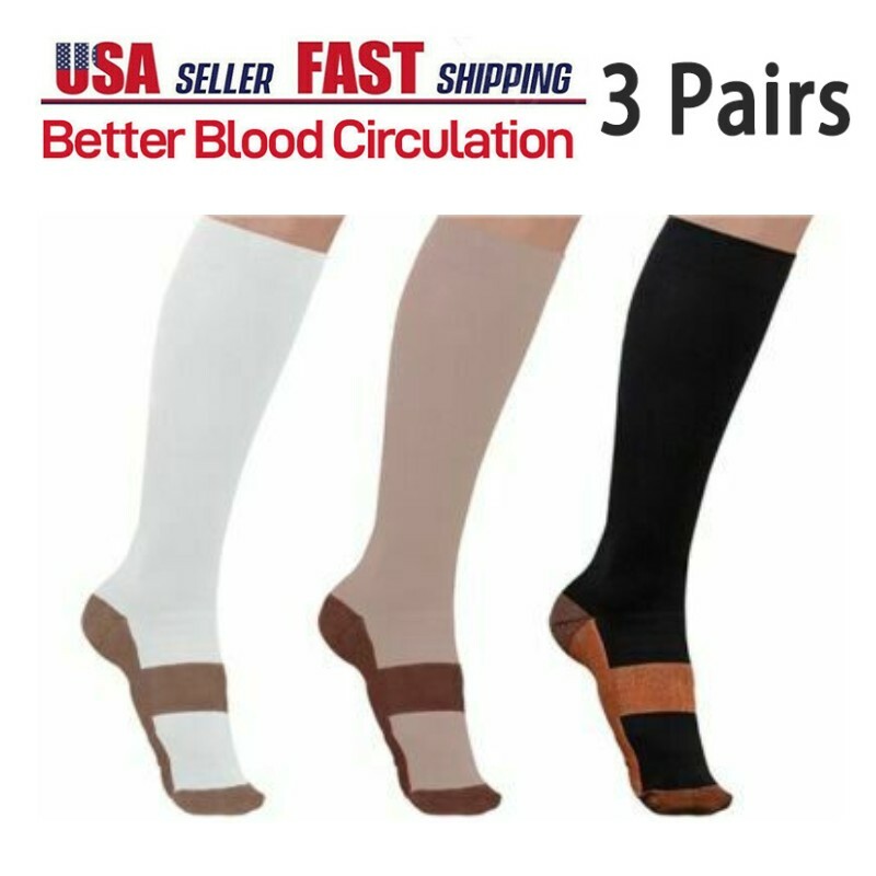 3Pair Compression Socks for Women & Men Knee High Stockings Run Nurse Varicose