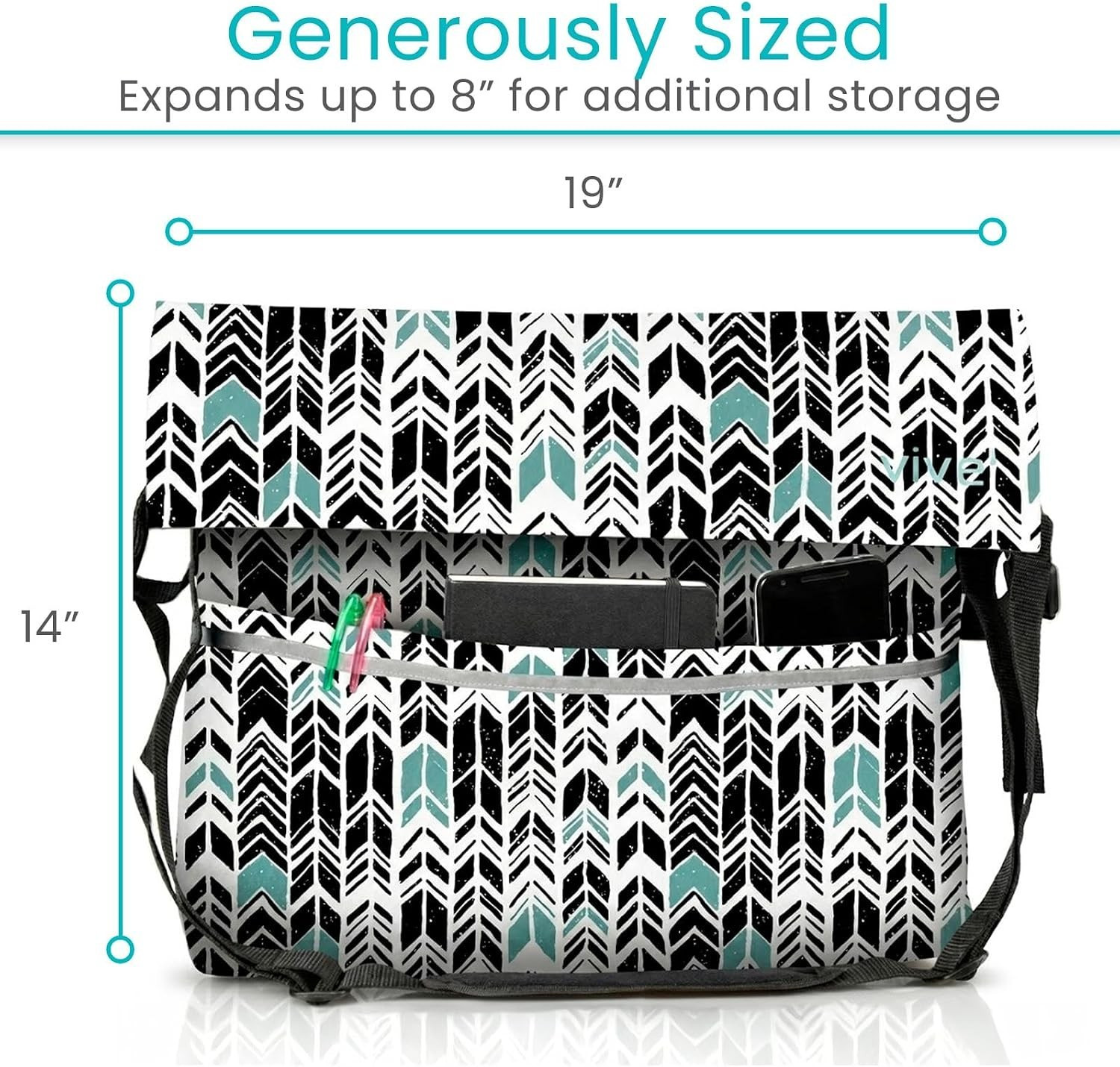 VIVE Wheelchair/Walker/Shoulder Accessories Bag Waterproof Black Teal Chevron